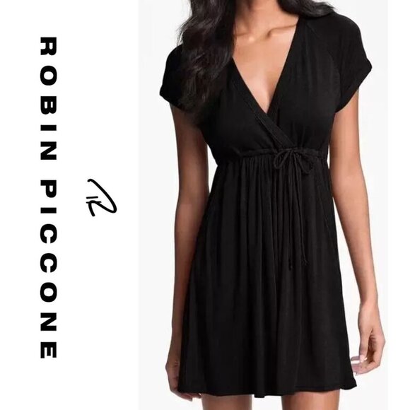 Robin Piccone Black Mini Dress M Swimsuit Beach Cover-up Pockets Stretch $149 - Picture 1 of 13